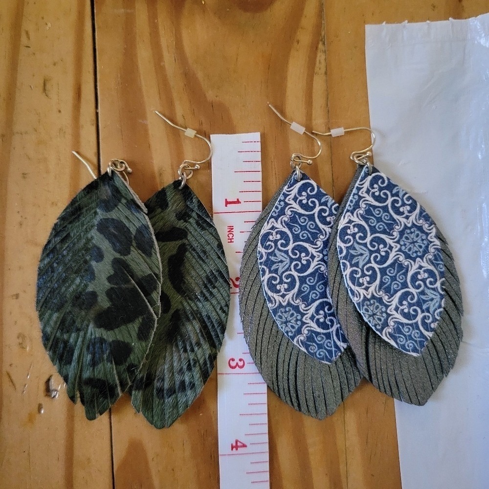 2 Pc Real Leather & double layer feathered earrings soft light‎ fun